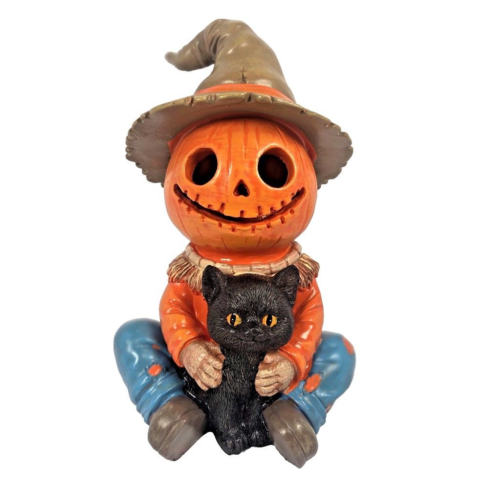 Hallow's Eve Pumpkin Scarecrow Black Cat Light Up Halloween Figurine 10.5 Inch